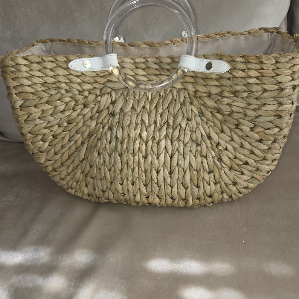 Pamela Munson Tan Woven Tote Bag with Clear Handles